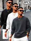 [Villa Le Water OBM] 3pcs Men'S New Trendy Round Neck Sweatshirt, Casual Daily Round Neck, Men'S Top, Breathable Fabric, Fitted Fabric, Casual Long Sleeve Round Neck Drop Shoulder Loose - Steel