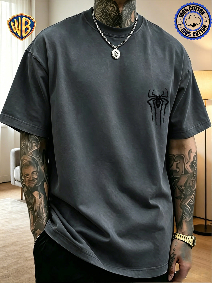 Unisex T-shirt Featuring a Niche Dark Aesthetic with Hand-painted Front and Back Dual-position Combination Prints, Creating a Low-key, Cool, Eye-catching, and Trendy Campus Style - Dark Gray