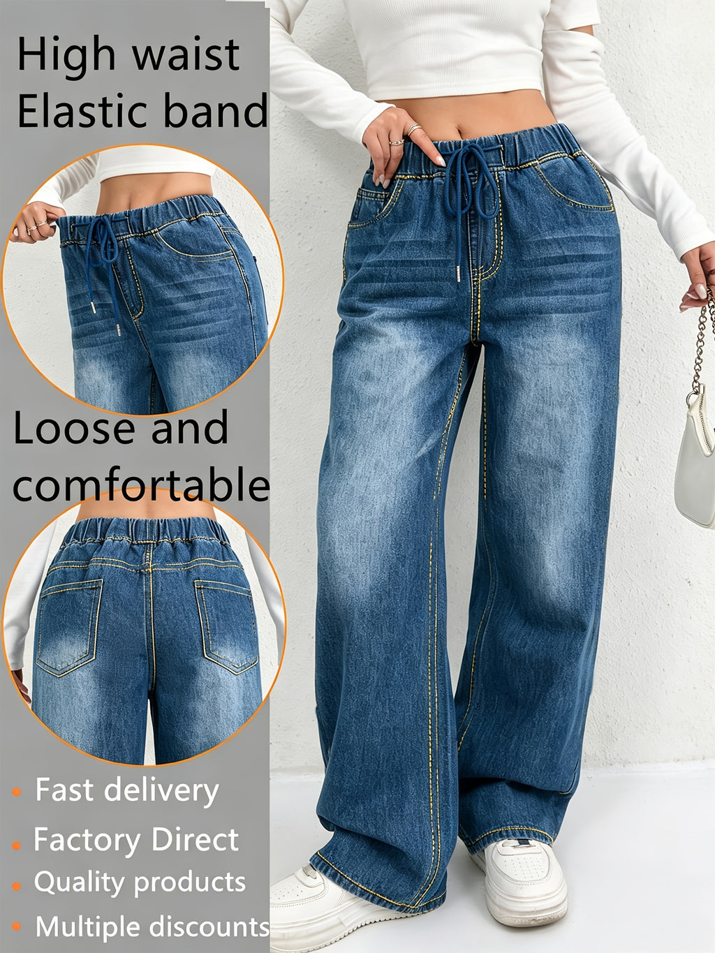 1pc Women's Casual Versatile Loose-Fit Comfortable Jeans, Suitable for All Seasons/Daily Commuting. Features an Elastic Waistband with Drawstring, Non-Stretch Wide-Leg Straight-Leg Denim Pants - Medium Blue