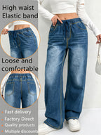 1pc Women's Casual Versatile Loose-Fit Comfortable Jeans, Suitable for All Seasons/Daily Commuting. Features an Elastic Waistband with Drawstring, Non-Stretch Wide-Leg Straight-Leg Denim Pants - Medium Blue