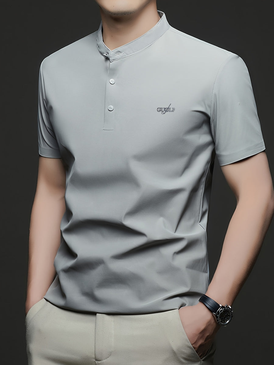 Maqiqi OBM Men's Chinese Style Henley Shirt - Breathable Short-Sleeve -Front Collar Polo, Half-Open Placket Stand Collar Tunic for Business Casual Wear, Layering Base Layer Top Suitable for Office, Golf, Running Gift - Grey