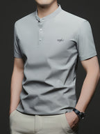 Maqiqi OBM Men's Chinese Style Henley Shirt - Breathable Short-Sleeve -Front Collar Polo, Half-Open Placket Stand Collar Tunic for Business Casual Wear, Layering Base Layer Top Suitable for Office, Golf, Running Gift - Grey