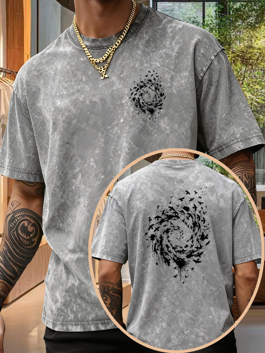 Men's Pure  Short-Sleeve Top with Trendy Double-Sided Print of Flocks of Birds and Spiral Ink Splatter Design, 12 Colors for  Mix-and-Match, Washed Distressed Loose Fit, National Trend Y2K Style for Commuting, Daily Outings, Sports - Grey