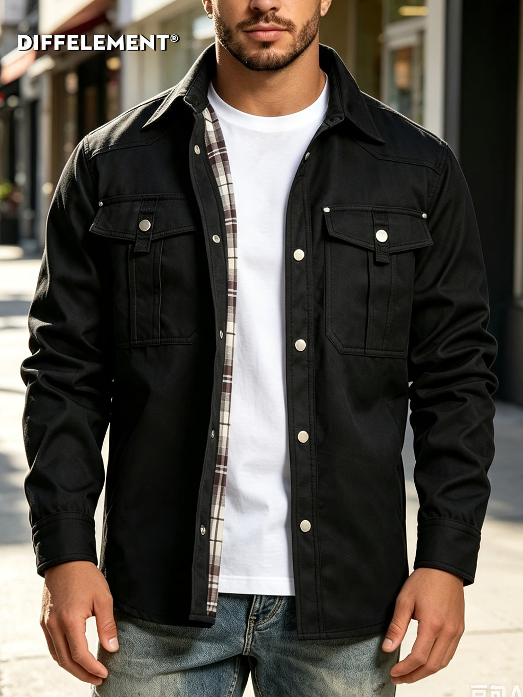 Men'S Casual Utility Shirt Jacket, Daily Commute Windproof Durable Twill Fabric Loose Collar Multi-Pocket Straight Cut Urban Outdoor Walking Street Style Metal Button Plaid Lining Long Sleeve Utility Coat - Black