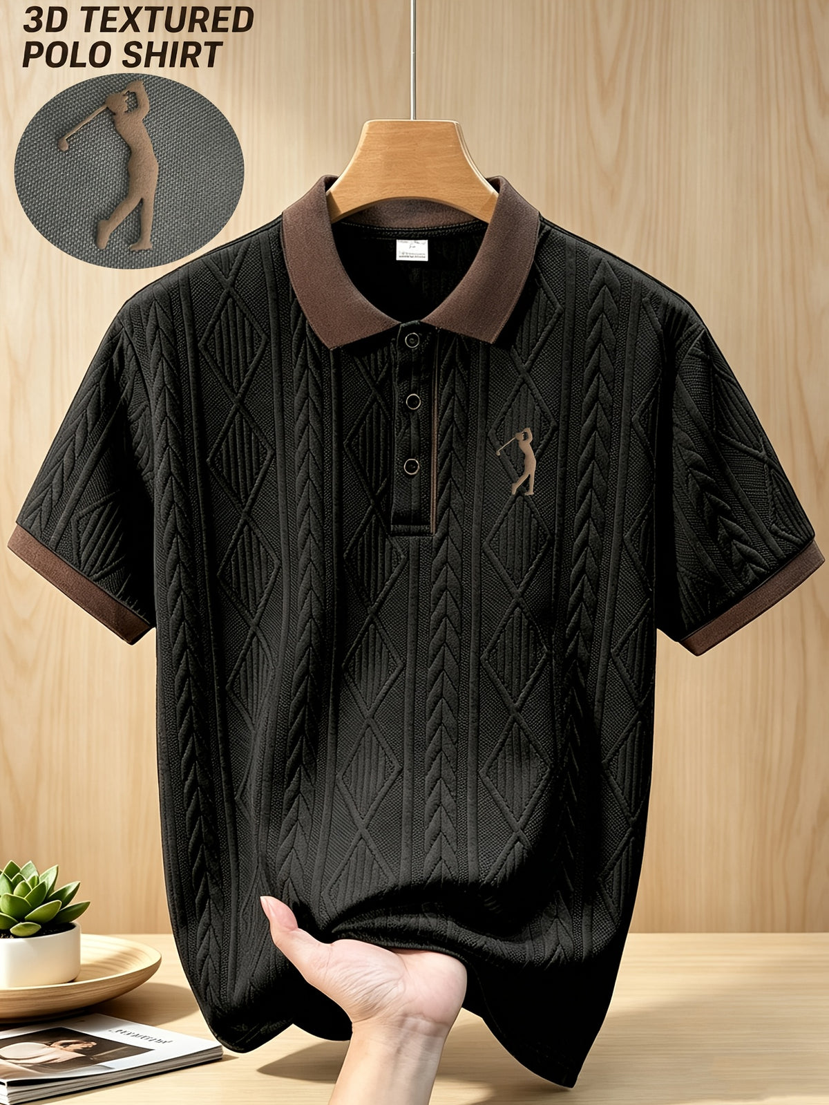 999-8, Father'S Day High-Quality Men'S Short Sleeve Collared Golf Polo Shirt, Frosted 3D Golf Pattern, Textured Striped Fabric, Soft And Skin-Friendly Quick-Dry, 3D Cut, Low-Key And Tasteful. Suitable for Business Office, Outdoor Sports - Black