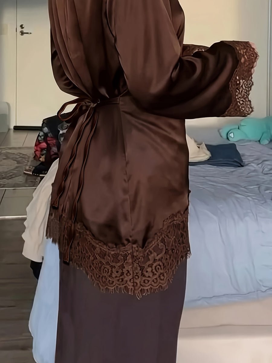 Women'S Elegant Commute Satin Blouse, Lace Panel Round Neck Long Sleeve Tie Waist Top, Solid Fabric Lace Panel Asymmetrical/Asymmetrical Design, Suitable for Elegant Office Daily Dates - Coffee Color