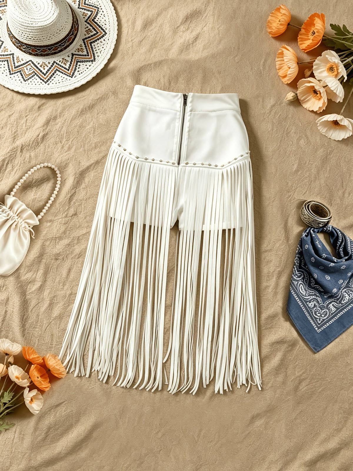 Tassel Shorts with a Western Style, Zipped, Solid Color Shorts - White