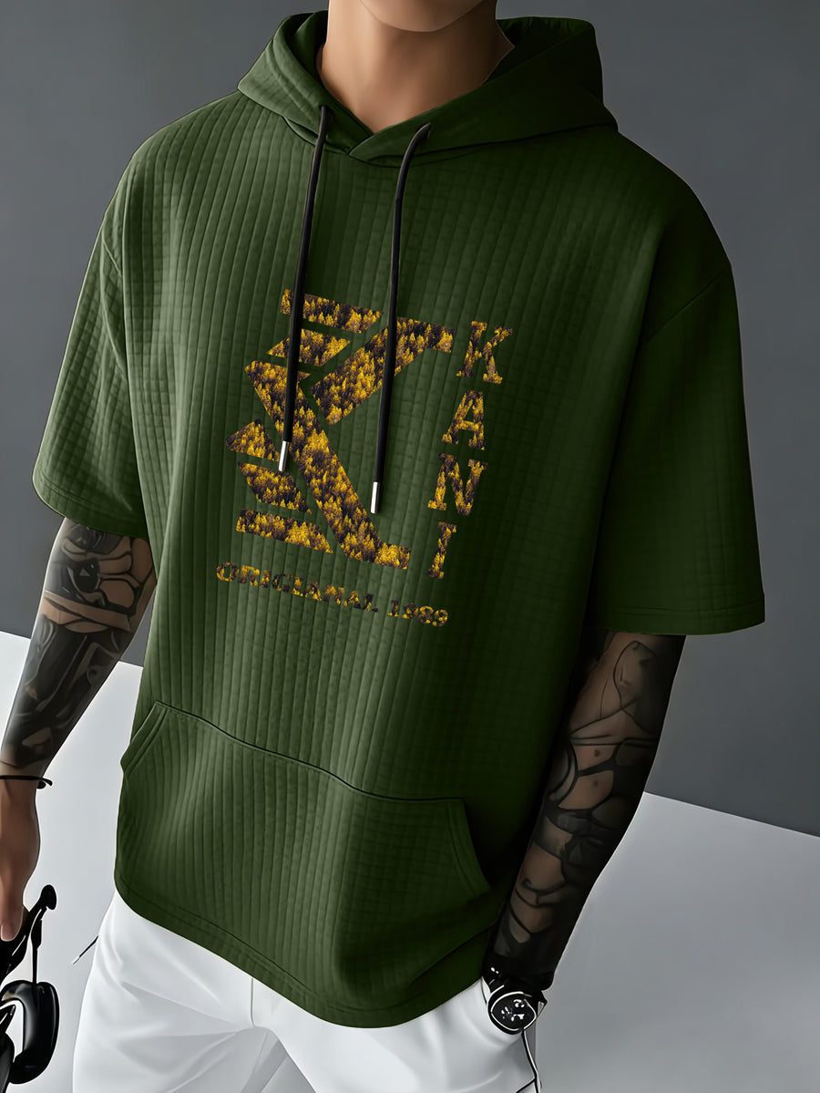 KANI Men's Waffle Knit Short Sleeve Hooded Sweatshirt with Comfortable Print and Drawstring, Pocketed T-Shirt, Summer Casual Fashion Men's Wear, Suitable for Outings and Home Wear, Ideal for Daily and Formal Occasions, Simple Summer Fashion - fern green