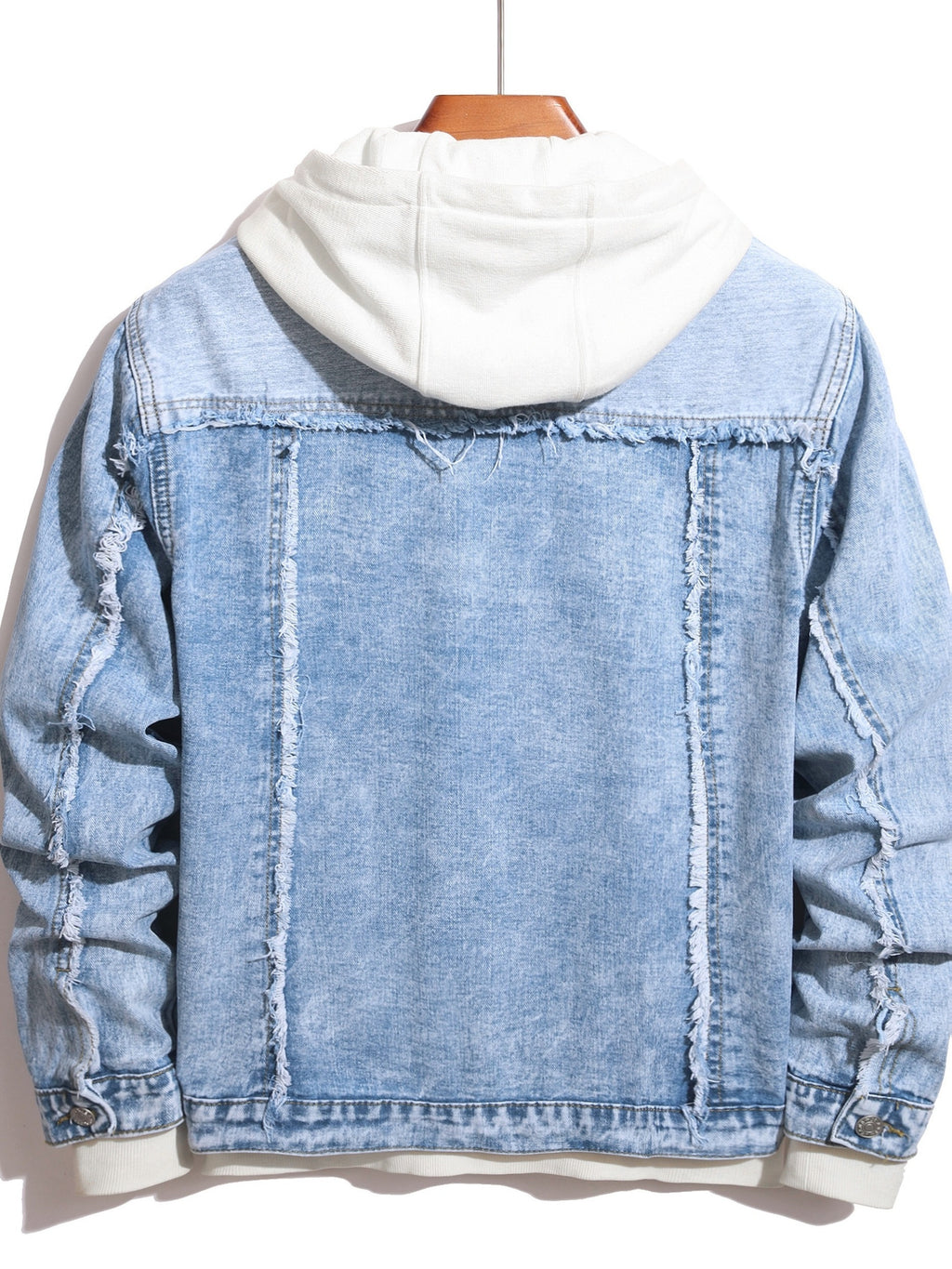 Men's New Style Washed Solid Color Fringe Denim Jacket, Men's Fashionable Trendy Denim Jacket Outerwear - Light Blue
