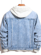 Men's New Style Washed Solid Color Fringe Denim Jacket, Men's Fashionable Trendy Denim Jacket Outerwear - Light Blue