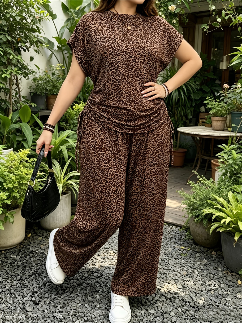 Leopard Print Casual Long Pants Set with Side Drawstring Pleated Home Wear, Can Be Worn Alone - Leopard C