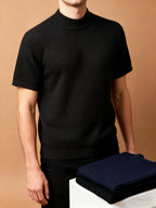 Men Mock Neck Short Sleeve Knit Sweater, Thick Warm Knit Top for Spring Autumn Winter, Wearable Alone Or As Undershirt. Soft Premium Skin-Touch Fabric, Fine Vertical Rib Design to Slim Your Figure for Fashionable Handsome Styling - Black