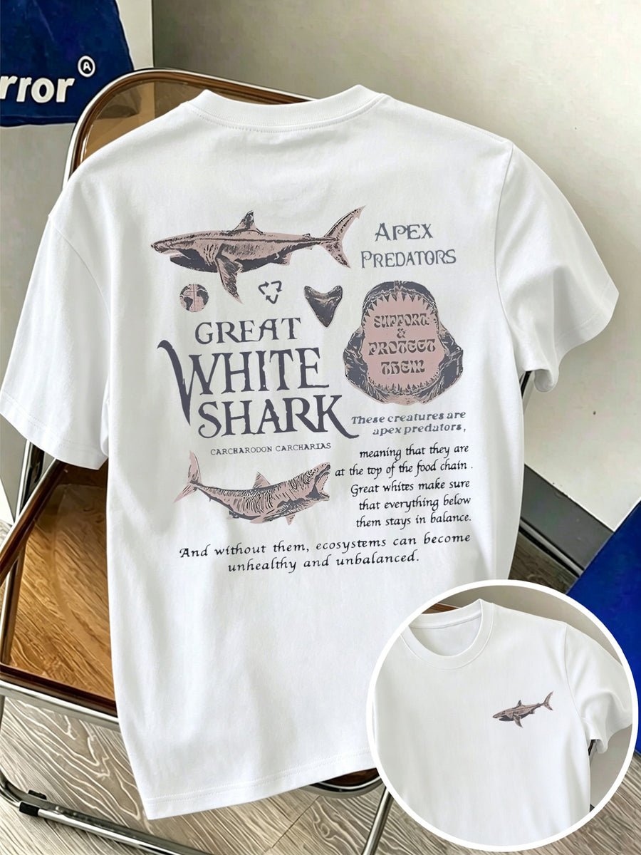 New Men's 100% Pure Cotton T-Shirt with Shark Print, Comfortable and Breathable, Versatile for Summer Casual Wear - White