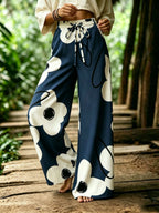 Bohemian Style Colorful Floral Print Wide-Leg Pants Women'S High-Waisted Drawstring Loose Vacation Style Casual Trousers - Sea Blue