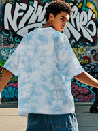 Men's American Tie-Dye Short Sleeve Street Style Shark Print Tie-Dye T-Shirt - Sky Blue