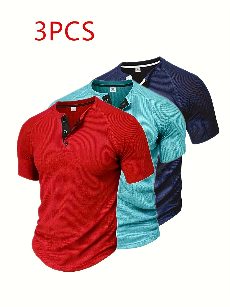 (Set of 3) Men'S Loose-Fitting Solid Color Henley Short-Sleeve, Round Neck Half-Button T-Shirt, Suitable for Outdoor Activities in Spring And Summer. - Red Lake Blue Navy