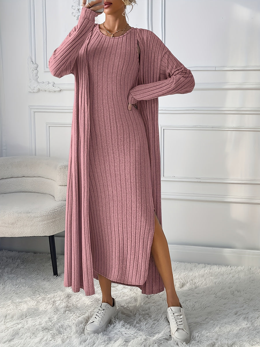 Chic + Long Sleeve Knitted Cardigan and Sleeveless Dress Set - Peach