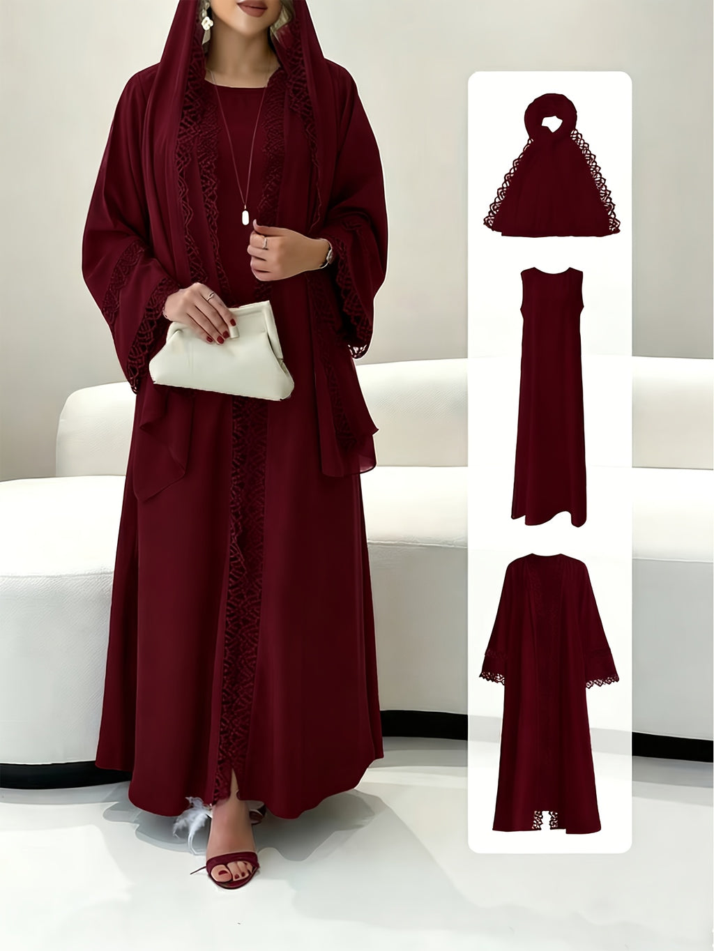 [Size UP for Regular Fit] Women's Spring/Summer Elegant Lace Patchwork Robe Dress 2pcs Set, Women's Elegant Outfit - Burgundy