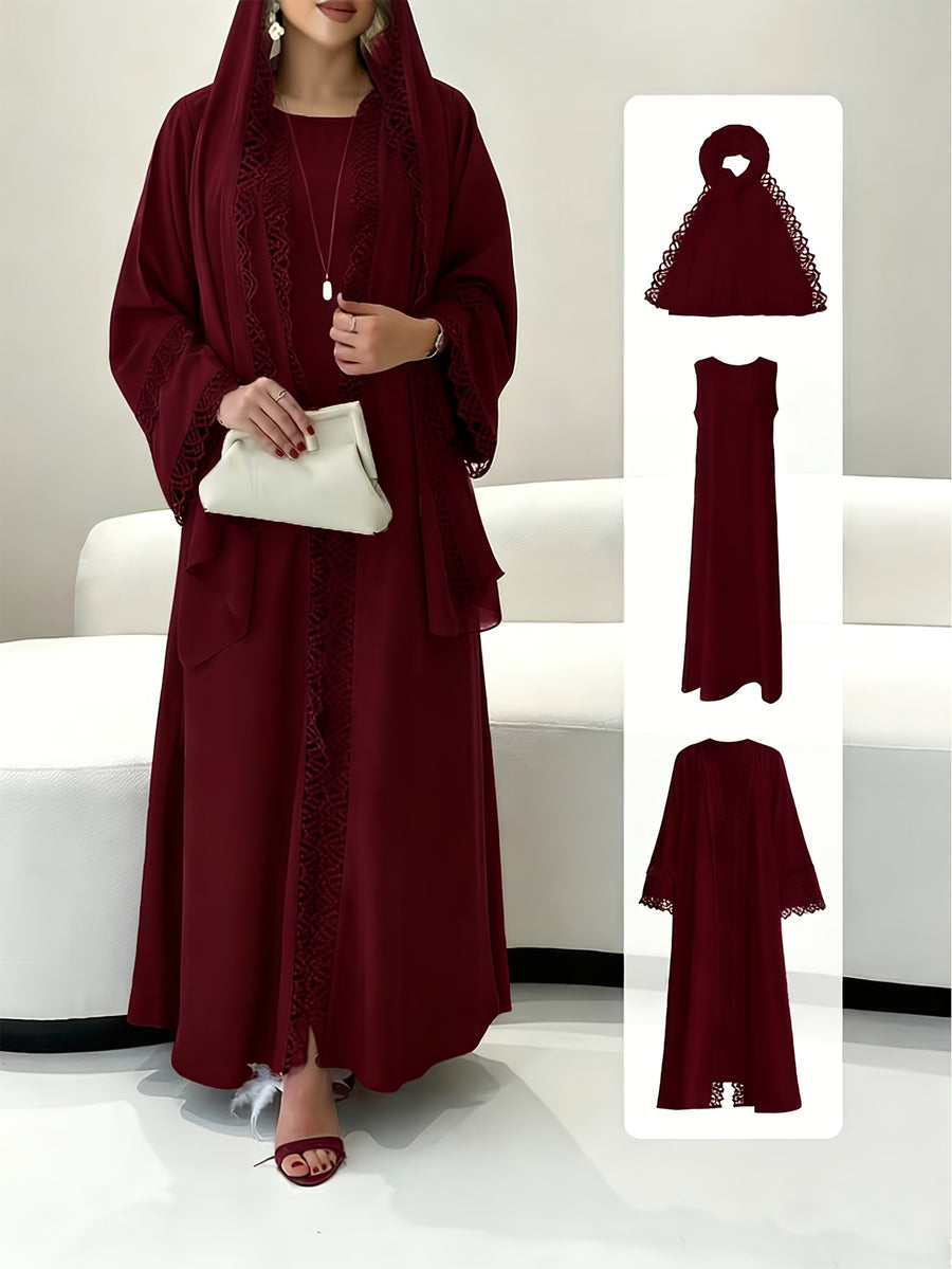 [Size UP for Regular Fit] Women's Spring/Summer Elegant Lace Patchwork Robe Dress 2pcs Set, Women's Elegant Outfit - Burgundy