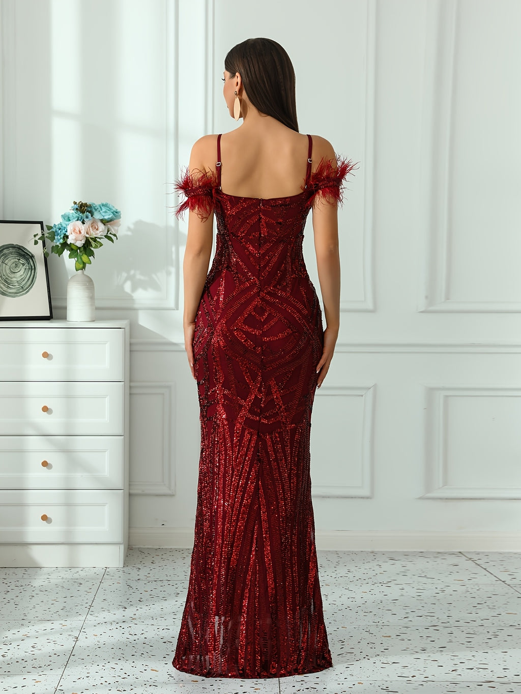 Elegant Evening Dress For Women | V-Neck, Geometric-Pattern, Extra-Long, Details, All-Season - Burgundy
