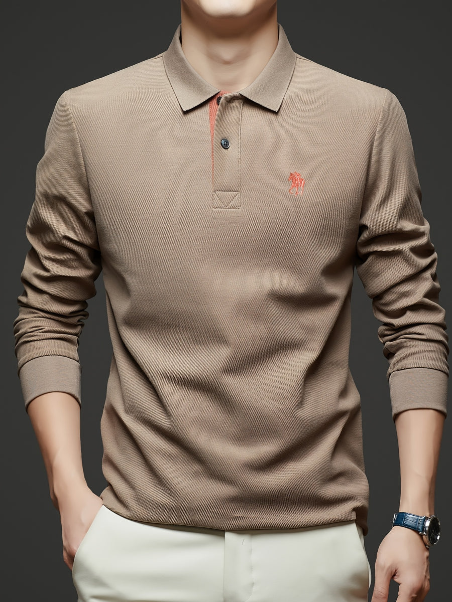 [Saa Xing OBM] 1pc Spring/Autumn New Men'S Polo Shirt, Solid Color Embroidered Half-Button Placket Single-Button Polo Collar Long Sleeve Men'S Fashion Versatile Pullover Base Layer Top, Classic Design, Suitable for Spring, Autumn, Wear - Khaki 1