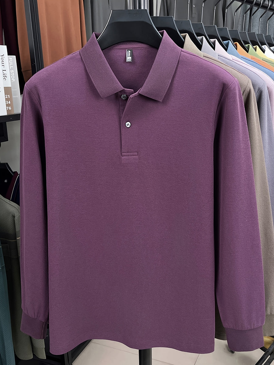 Spring and Autumn Men's Lapel Polo Shirt, Fashionable Solid Color Base Layer Top, Versatile Business Casual Long Sleeve T-Shirt, Suitable for Daily Work Scenes, The Best Gift for Friends and Relatives - Fuchsia
