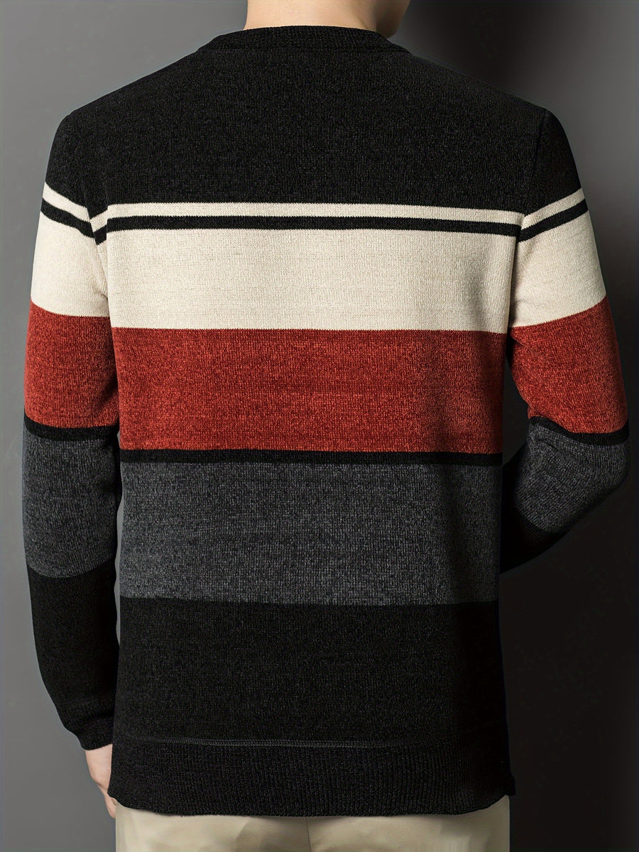 Men'S Winter Striped Crew Neck Sweater, Thickened, Casual Round Neck, Regular Fit, Long Sleeve, Knitted Pullover with Ribbed Hem And Cuffs, Fashionable Letter Pattern, Winter Warmth Top, Autumn Essentials - Brick Red