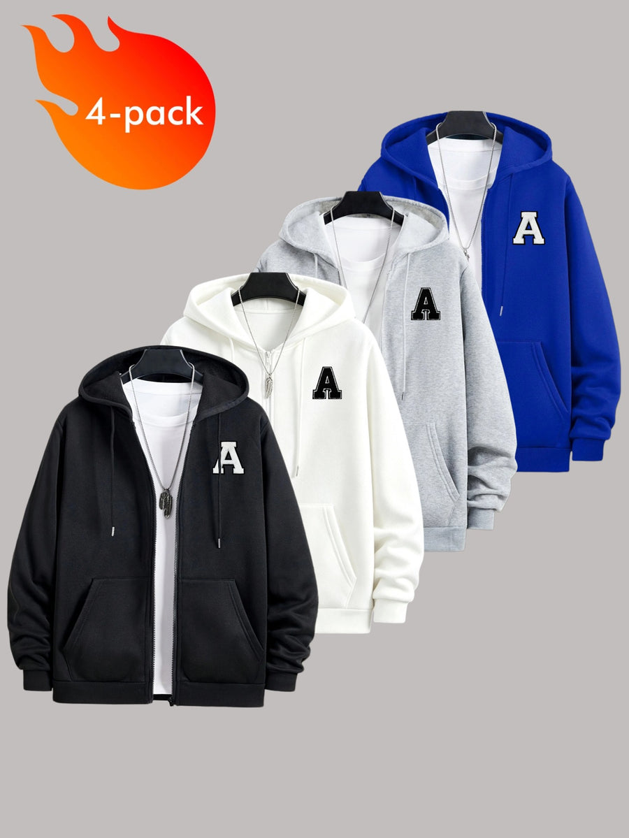 50% Cotton, 50% Polyester, 4pcs Men's Zippered Hooded -Lined Sweatshirt, Men's Apparel, Long-Sleeve Jacket, Zippered Top, Hooded Sweatshirt, Pockets, Drawstring, Suitable for Outings, Casual Wear, Back-to-School Season, Gift for Boyfriend - Black+White+Light Gray+Blue
