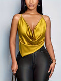 Women'S Summer Sexy Solid Color Deep V-Neck Drapey Cross-Strap Cami Top - Golden
