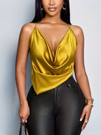Women'S Summer Sexy Solid Color Deep V-Neck Drapey Cross-Strap Cami Top - Golden