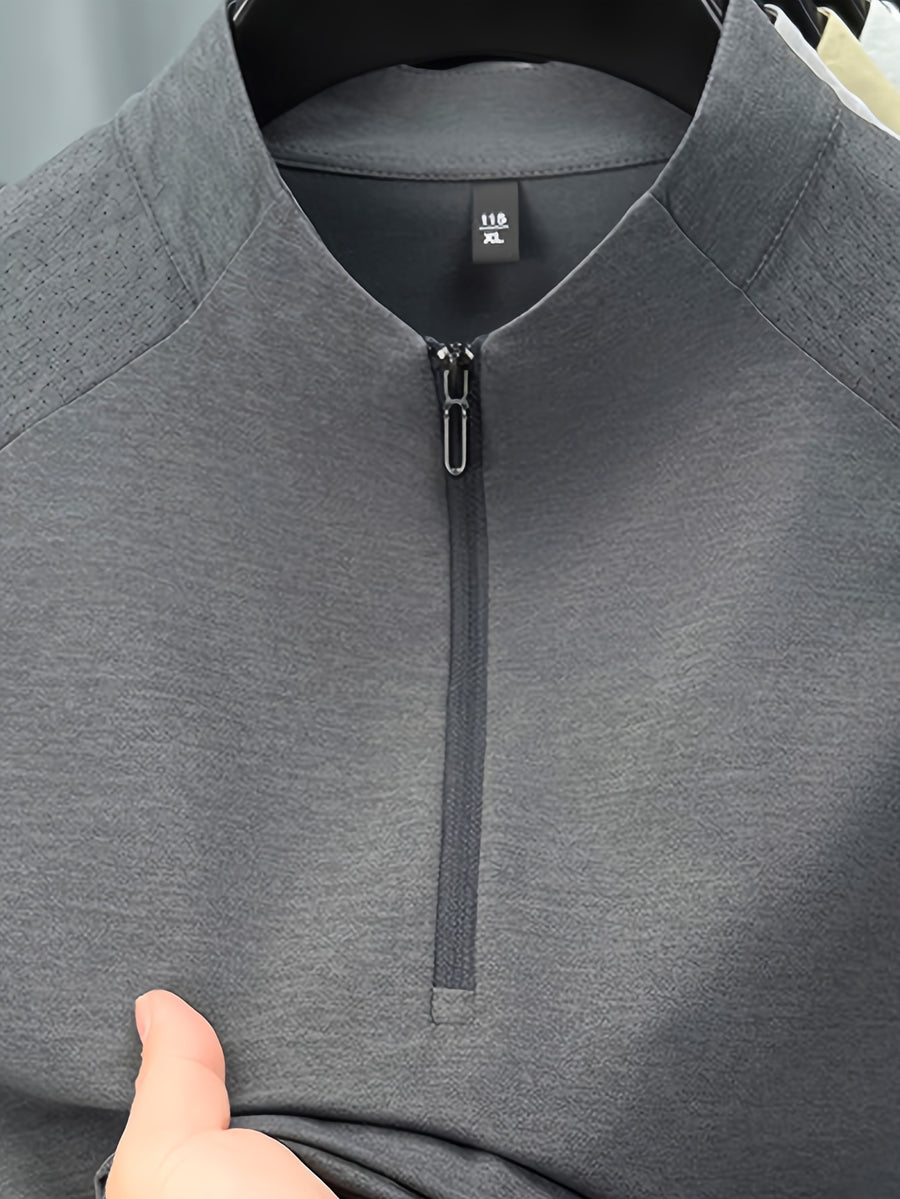 Men'S Summer Top T-Shirt, Half-Zipper Stand-Up Collar Design, Casual And Light Business Style, Adjustable Collar with Zipper, Balancing Ventilation And Styling; Mesh Shoulder Panel for Enhanced Breathability - Advanced Gray