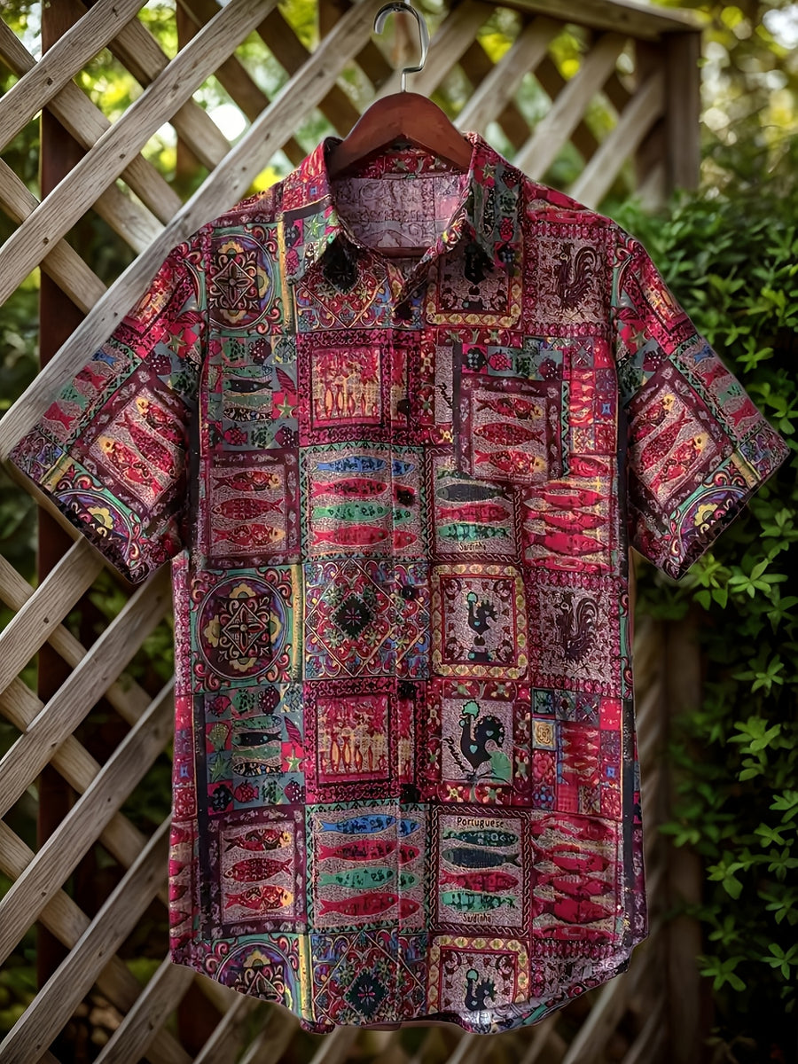 Men'S Ethnic Style Tribal Print Loose Casual Vacation Summer Short Sleeve Shirt - Red