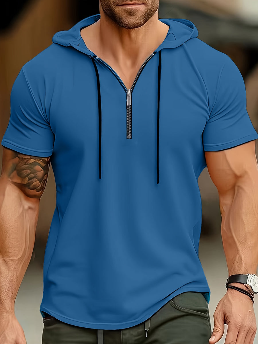 1 Men's Casual Henley Shirt, Men's Sportswear Fitness Hooded Short-Sleeve T-Shirt, Summer Hooded Sports Top T-Shirt - Dark Cyan