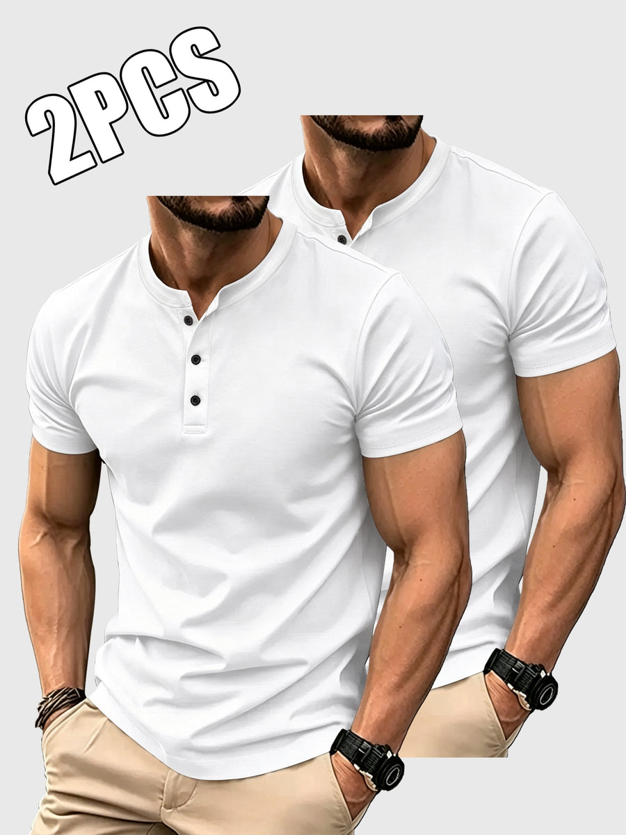 2pcs Set of Men'S Solid Color T-Shirts, Summer Classic Henley Shirts, Suitable for Casual Wear - White