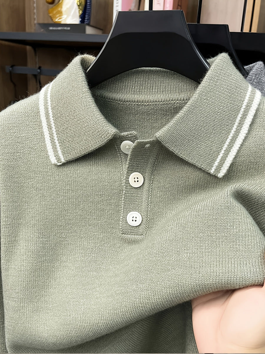 Men'S Lapel Long Sleeve Knit Sweater, Ribbed Cuffs And Hem, Versatile for Casual And Business Wear - Light Green