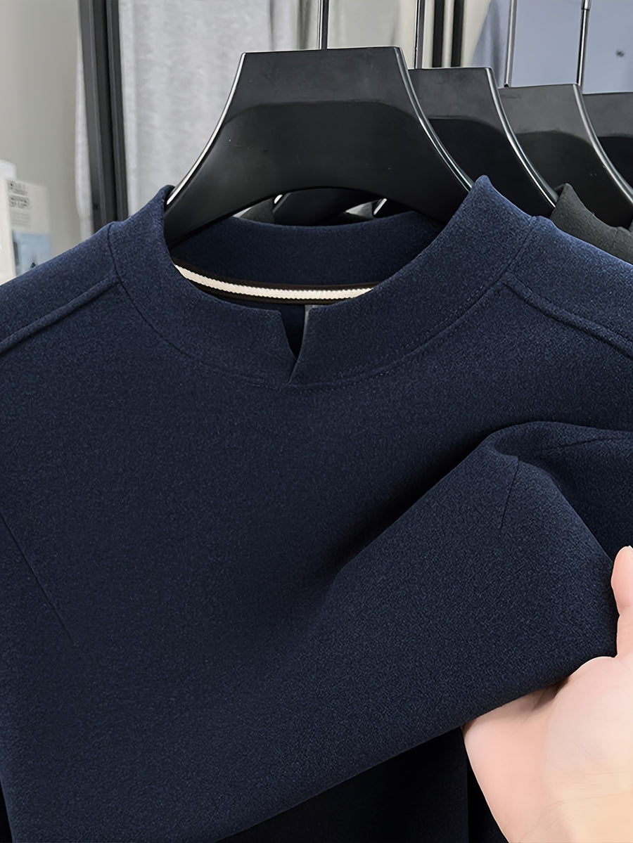 Men'S Small V-Neck Corduroy Long Sleeve Base Layer, Light Luxury Business Casual Warm Inner Wear, Featuring Chinese Small Open Collar Design, Suitable for Autumn/Winter Layering And Daily Commute - SINBOS - Navy Color