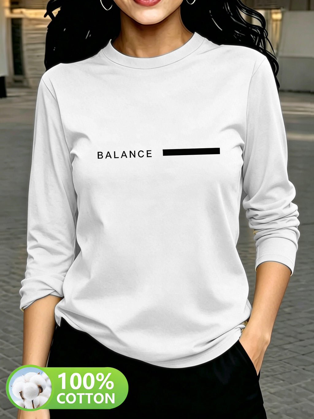 Women'S Fashion Casual Round Neck Long Sleeve T-Shirt, 100% with Lettered Stripe Pattern, Stylish Easy Comfortable Loose Fit - White