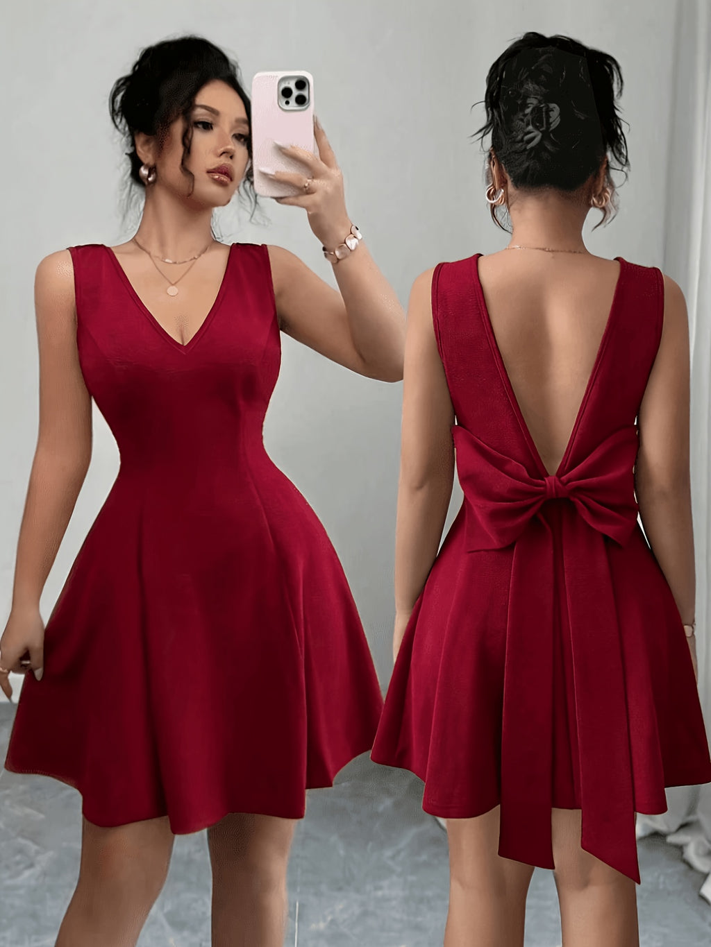 New Elegant and Sexy V-neck Backless Slim-fit Bridesmaid Dress, Featuring a Bow at the Waist, in a Luxurious European Style, Suitable for Independence Day and Holiday Wear - Red
