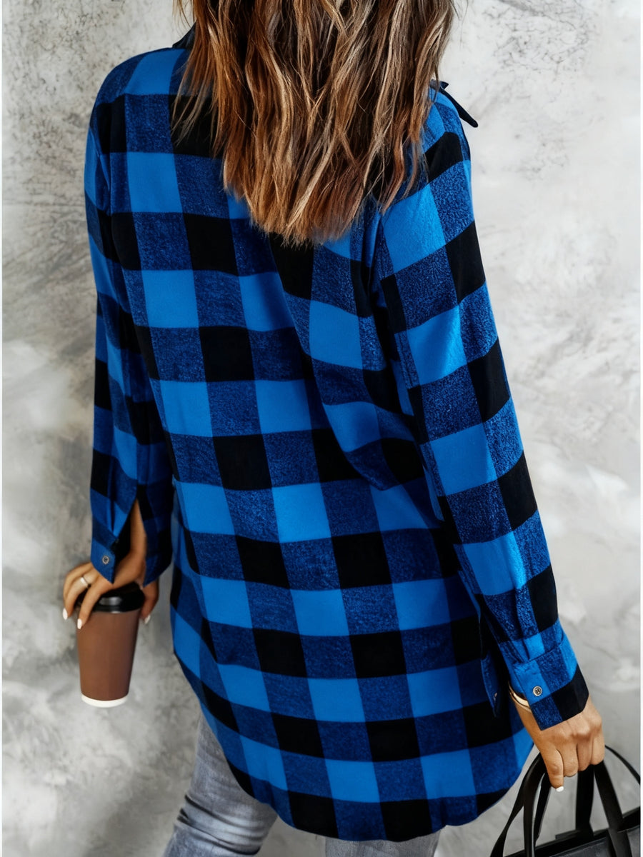 Women's Elegant Collar Button- Shirt - Loose Fit Long Button-Front Plaid Blouse Suitable for Daily Wear, Travel & Office - Machine Washable Classic Shirt - Blue Black Grid