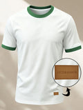 100%, Men'S Knitted Color-Block Round Neck Short-Sleeve T-Shirt, Summer Global All-Season Base Layer Factory Made Men'S Comfortable High-Fit Rate Casual Sports Contrast Patchwork Top - White Green