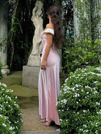 BK041504 Vintage Court-Style Pink Off-Shoulder Dress, Elegant Slim-Fit Long Gown for Birthday Banquets and Evening Events - Pink