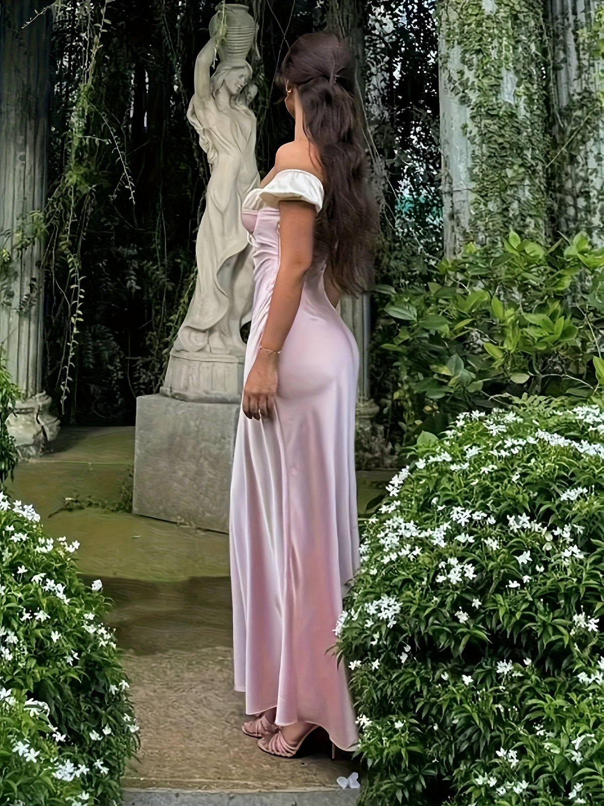 BK041504 Vintage Court-Style Pink Off-Shoulder Dress, Elegant Slim-Fit Long Gown for Birthday Banquets and Evening Events - Pink