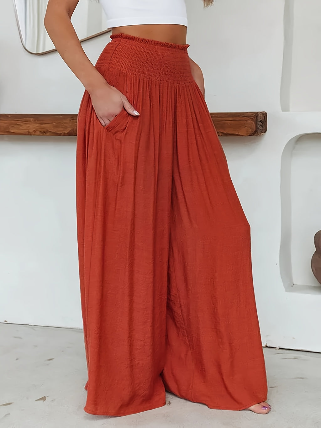 RANLEGE Women's Bohemian Wide-Leg Pants - High-Waisted Solid Color Beach Trousers, Elastic-Free Straight Leg Pants Suitable for Vacation, Resort Wear, & Casual Outfits, Machine Washable - Wide Leg Leggings - Orange