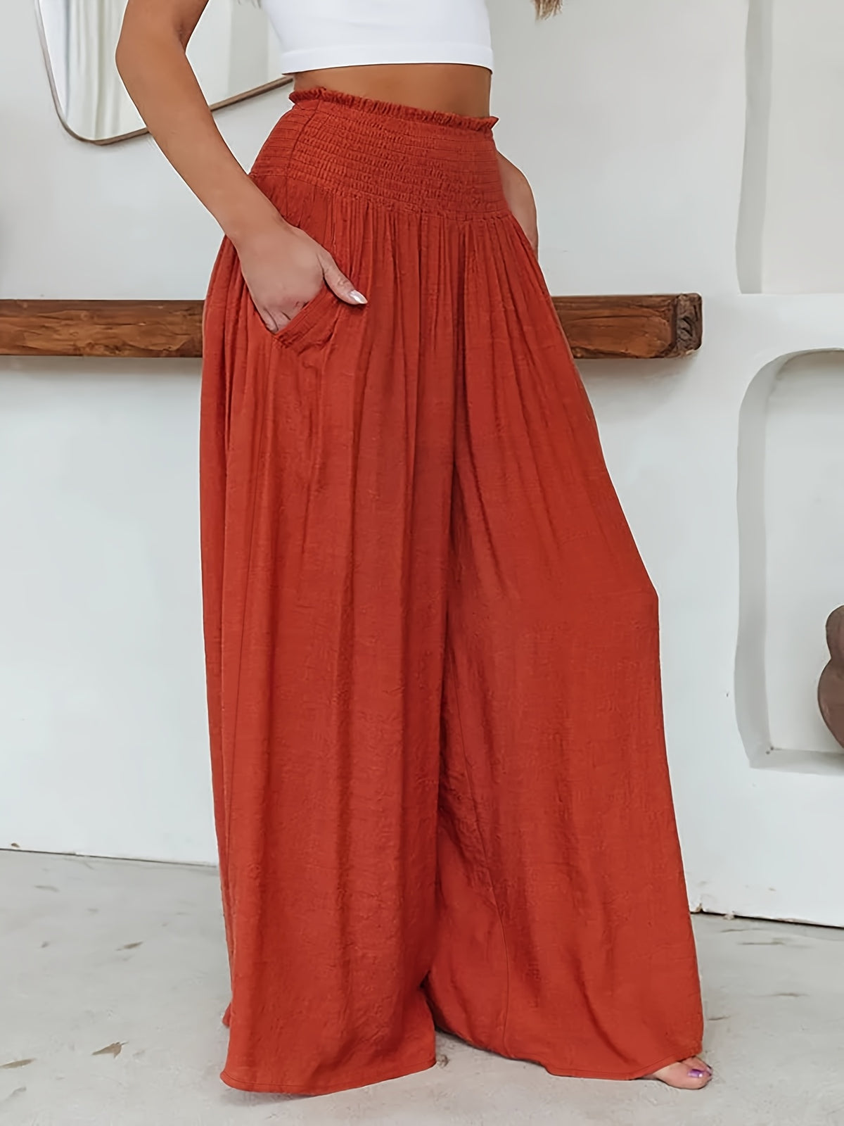 RANLEGE Women's Bohemian Wide-Leg Pants - High-Waisted Solid Color Beach Trousers, Elastic-Free Straight Leg Pants Suitable for Vacation, Resort Wear, & Casual Outfits, Machine Washable - Wide Leg Leggings - Orange