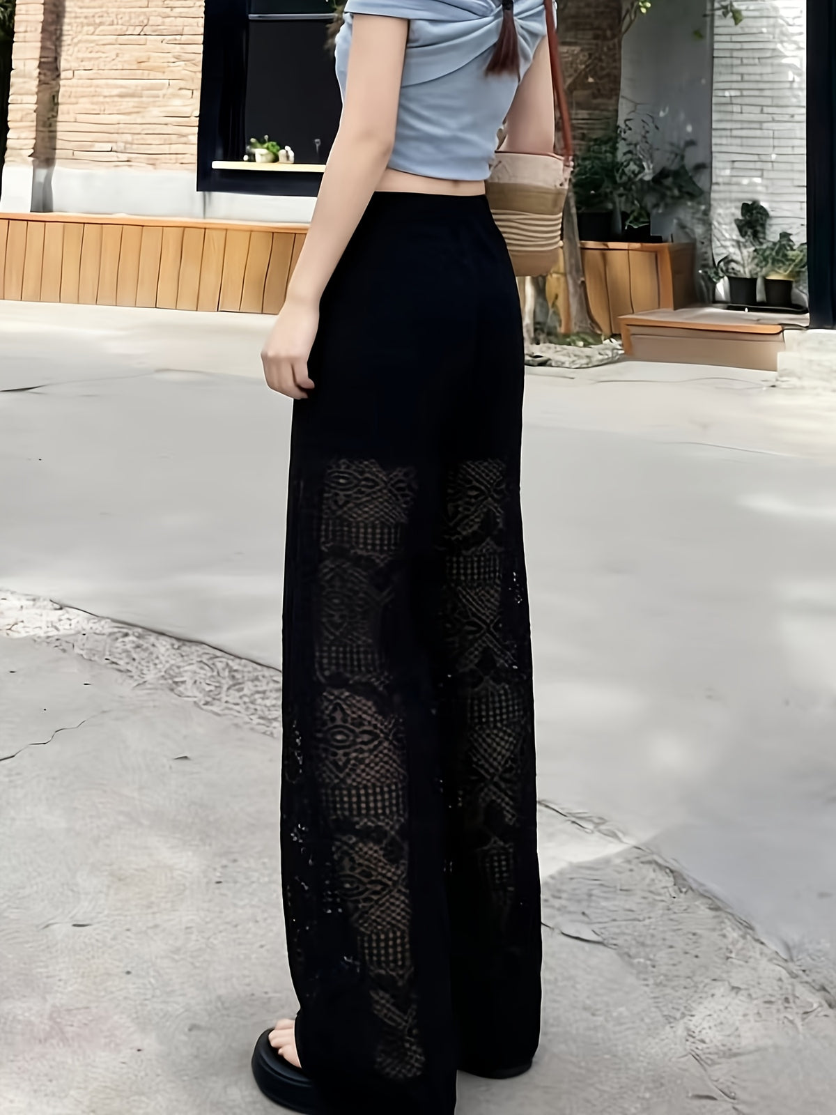 Designer Style: Gentle and Sensual Lace Hollow-Out Wide-Leg Pants for Women, New Spring/Summer Collection, High-Waist Flowy Casual Trousers, Light and Comfortable, Perfect with Spaghetti Straps or Short-Sleeved Tops - Black