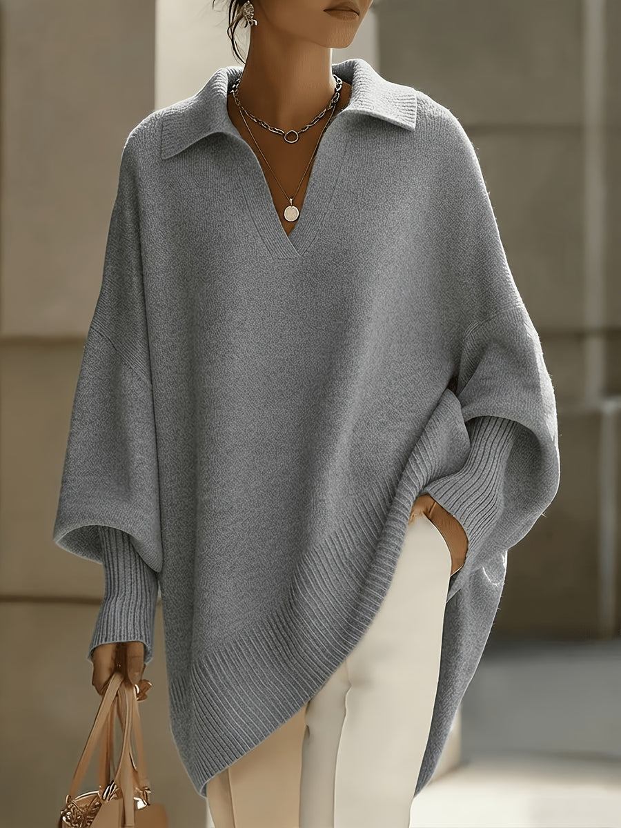 New Autumn/Winter French-Style Elegant Pullover, Polo Collar with V-Neckline, Batwing Sleeves and Drop Shoulder Design, Elegant, Comfortable, and Skin-Friendly, Women's Autumn/Winter Clothing, New Autumn Women's Style, Stylish Sweater, Popular Korean - Slate Grey