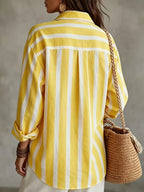 Vintage Vertical Striped Shirt, Women'S Loose Lapel Casual Versatile Open Front Top - Yellow