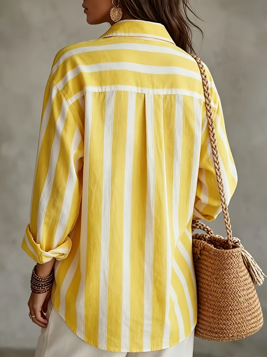 Vintage Vertical Striped Shirt, Women'S Loose Lapel Casual Versatile Open Front Top - Yellow