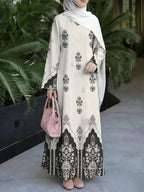 Middle Eastern Style Muslim Elegant Robe for Women, Vertical Stripe Ethnic Floral All-over Print Long Dress, Loose Long Sleeves with a Full Flared Hem, for Prayer Gatherings, Daily Outings, Smooth and Breathable Non-embroidered Craftsmanship - Mixed colors
