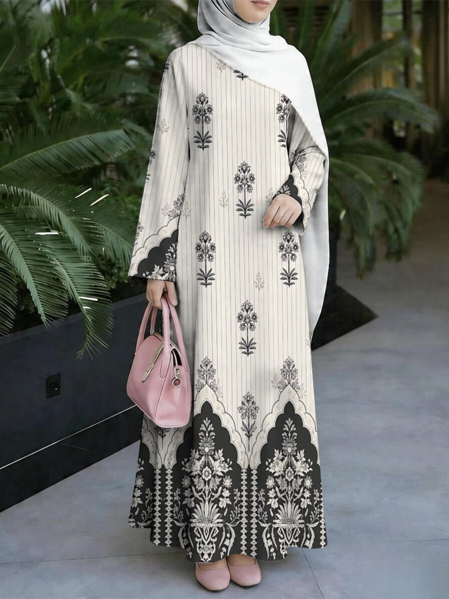 Middle Eastern Style Muslim Elegant Robe for Women, Vertical Stripe Ethnic Floral All-over Print Long Dress, Loose Long Sleeves with a Full Flared Hem, for Prayer Gatherings, Daily Outings, Smooth and Breathable Non-embroidered Craftsmanship - Mixed colors